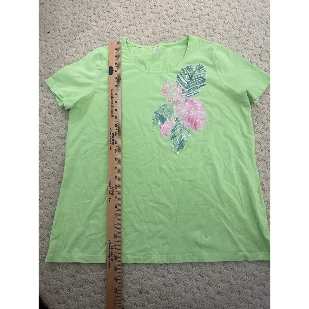 Kim Rogers Womens XL Lime Green Tropical Sequin Leaf Short Sleeve Graphic Tee